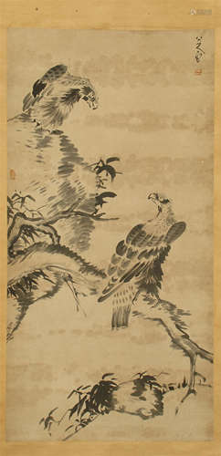 CHINESE SCROLL PAINTING OF EAGLE ON TREE