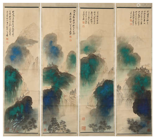 FOUR PANELS OF CHINESE SCROLL PAINTING OF MOUNTAIN VIEWS