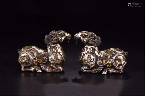 PAIR OF CHINESE SILVER GOLD INLAID BRONZE COUCHING RAM INCENSE CAGE