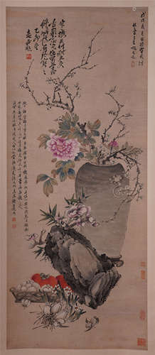 CHINESE SCROLL PAINTING OF FLOWER IN VASE WITH CALLIGRAPHY