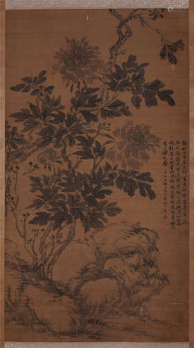 CHINESE SCROLL PAINTING OF FLOWER AND ROCK