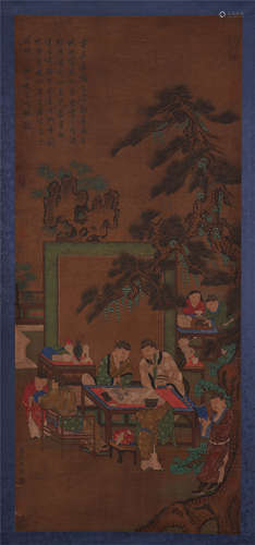 CHINESE SCROLL PAINTING OF MEN IN PARTY WITH CALLIGRAPHY