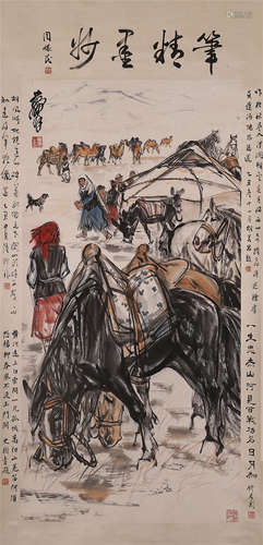 CHINESE SCROLL PAINTING OF GIRL AND HORSE WITH CALLIGRAPHY