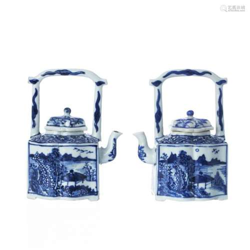 Pair of Chinese Porcelain Arched Handle Teapots, Kangxi