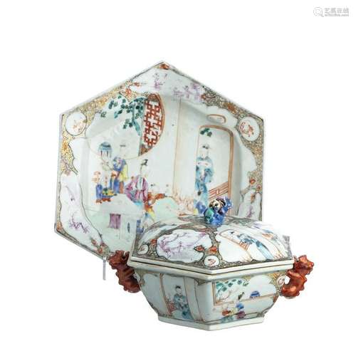 Hexagonal Chinese Porcelain Mandarin Tureen, Qianlong