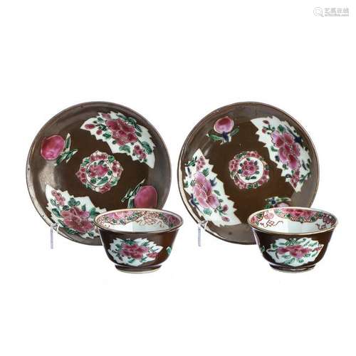 Pair of Chinese Porcelain Chocolate Family Teacup and