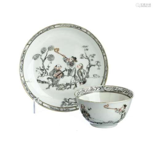 Chinese Porcelain Musicians Grisaille Teacup and