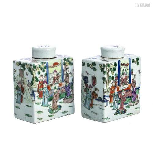 Pair of Square Tea caddys in chinese porcelain, Minguo