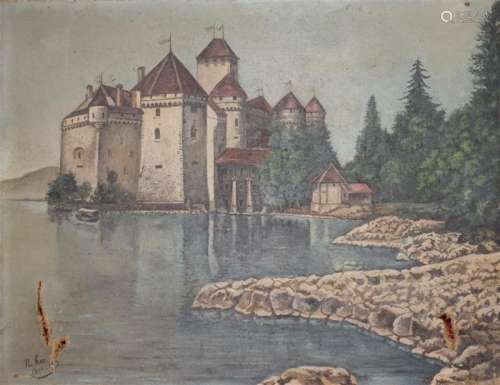 Narcisse HENRY (1842 1929). Château près du lac, 1…