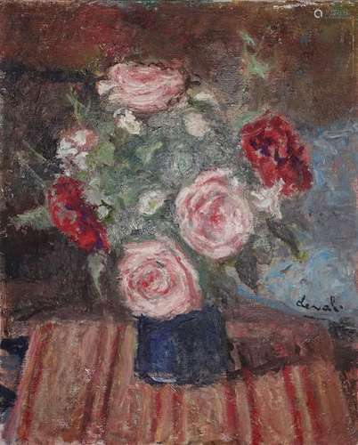 Pierre DEVAL (1897 1993). Bouquet au vase bleu Hui…