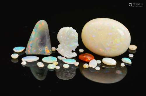 A COLLECTION OF OPALS, to include precious white cameo, piece of boulder opal, one small cabochon of