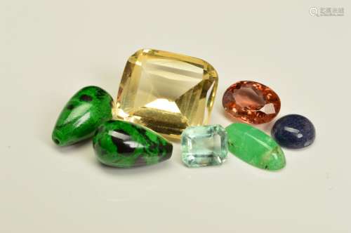 A SELECTION OF LOOSE GEMSTONES, to include a pink scapolite cabochon, zircons, various apatites,