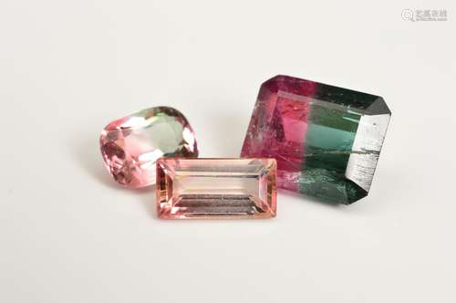 A SELECTION OF BI-COLOUR TOURMALINE, showing pink and green colours, an emerald mix cut measuring