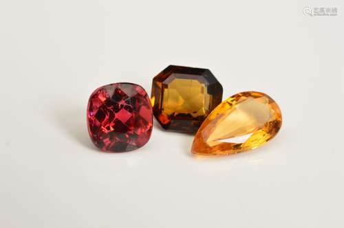 A SELECTION OF TOURMALINES, including one pear cut golden tourmaline measuring approximately 11.