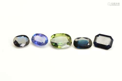 FIVE SAPPHIRES, various shapes, one green cushion mix cut, approximately 10.4mm x 8.1mm,