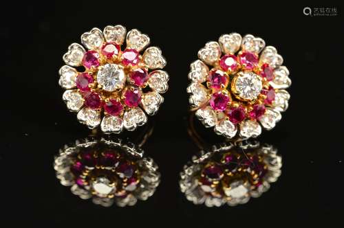 A MID TO LATE 20TH CENTURY PAIR OF RUBY AND DIAMOND ROUND CLUSTER EARRINGS, measuring