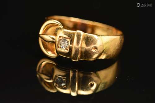 A VICTORIAN 18CT GOLD DIAMOND BUCKLE RING, an old Swiss cut diamond, estimated weight 0.05ct, ring