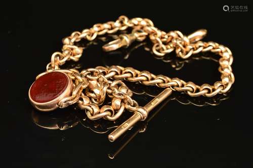 AN EARLY 20TH CENTURY 9CT GOLD SWIVEL FOB AND ALBERT CHAIN, swivel fob with blood stone and