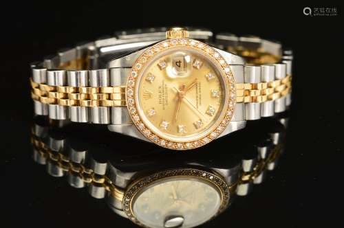 A LATE 20TH CENTURY LADIES ROLEX WRISTWATCH, the two tone 26mm case, Datejust with champagne diamond