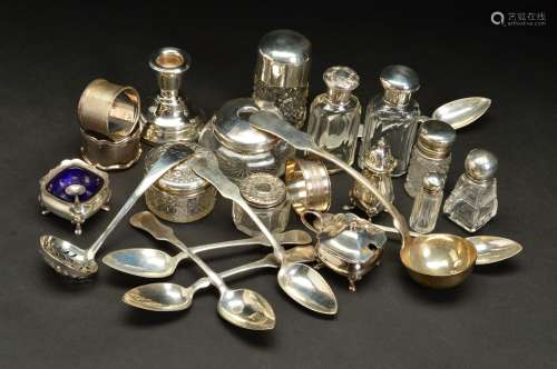 A PARCEL OF SILVER TOPPED GLASS TOILET JARS, including a hair pin tidy, various makers and dates,
