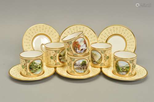 A SET OF SIX J. MCLAUGHLIN PORCELAIN CABINET COFFEE CUPS AND SAUCERS, pale yellow and gilt ground,