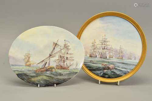 A STEFAN NOWACKI OVAL PORCELAIN PLAQUE, painted with a maritime battle scene, the ship in the