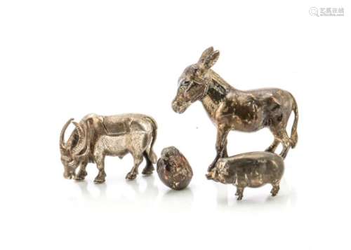 Four silver models of animals, including a donkey, 8cm high, a chick, 3cm, a pig and a long horn