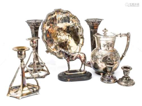 A small collection of silver and silver plate, including a pair of silver filled trumpet vases, a