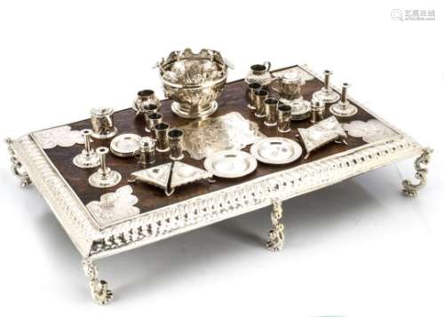 A miniature Queen Anne style Britannia silver and oak banquet table, together with a collection of