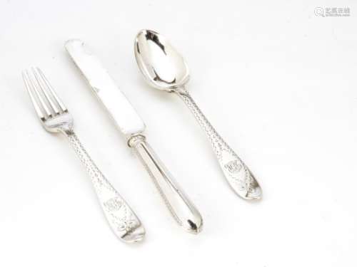 A Victorian silver three piece eating or christening set from West & Son, the spoon and fork dated
