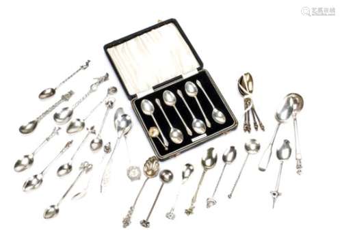 A collection of 19th and 20th century silver and silver plated teaspoons, including one coffee spoon