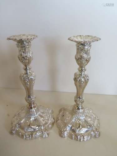 A pair of ornate pillar silver candlesticks, with weighted bases, 25cm tall, Sheffield 1852/53 - JC,