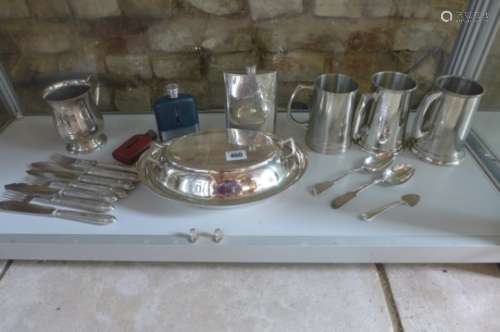 A collection of silver plate and pewter including hip flasks