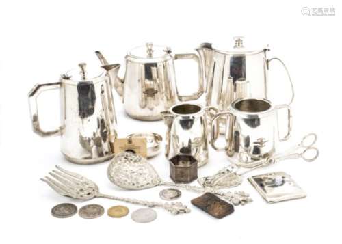 A collection of silver and silver plated items, including an Egyptian silver and niello cigarette