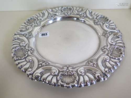 A large continental silver salver stamped to rim, diameter 32cm, weight 11.7 troy oz, good clean