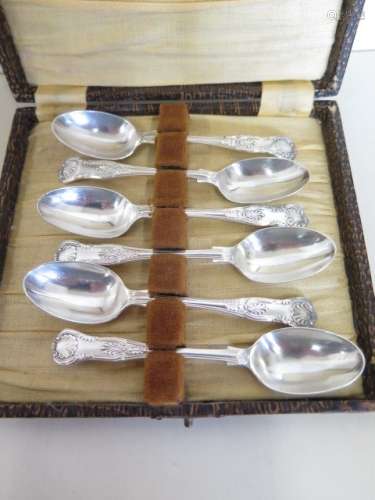 A boxed set of six Kings pattern silver teaspoons, hallmarked Sheffield, 1897 - by James and William