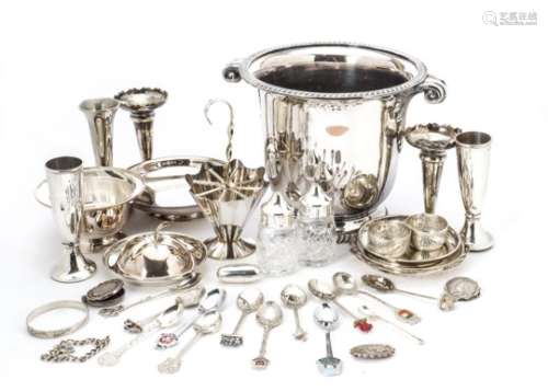 A collection of silver and silver plated items, including a silver plated Champagne bucket from
