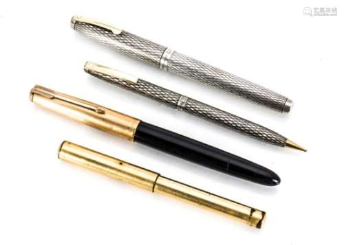 A Sheaffer silver fountain pen and pencil set, together with a Parker fountain pen in box and a gilt