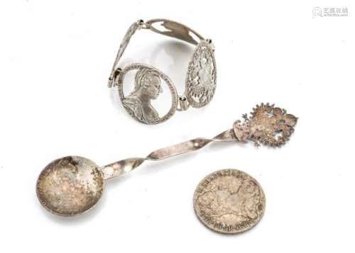 A vintage Maria Theresa thaler coin bracelet, together with a spoon created from a Maria Theresa