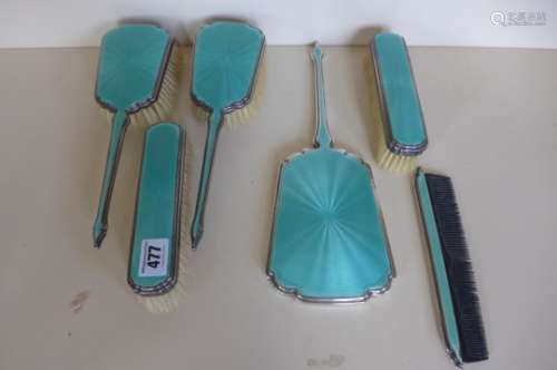 A silver and enamel six piece dressing table set, London 1934 - Mappin Webb Bros, generally good,