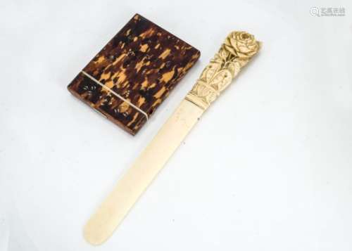A Victorian tortoiseshell calling card case, together with a damaged Victorian carved ivory page