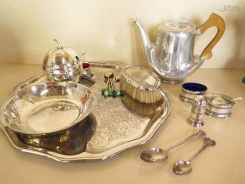 A silver brush and two silver spoons, and assorted plated ware, and a Piquot teapot, spoons approx