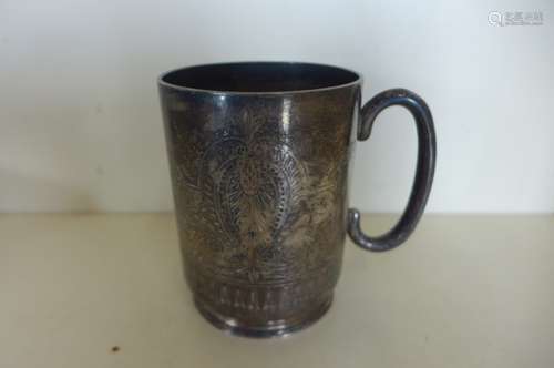 A Victorian silver tankard 8.5cm tall, approx 4.5 troy oz, some small bending to base, engraved