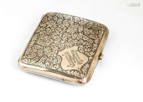A George V silver cigarette case, square with engraved scrolling foliage