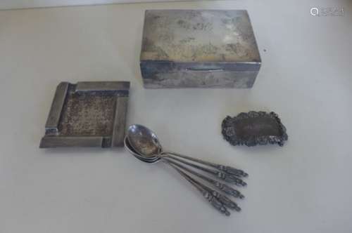 Five silver Apostle spoons, a silver whisky label, a silver ashtray and a silver desk box, weighable