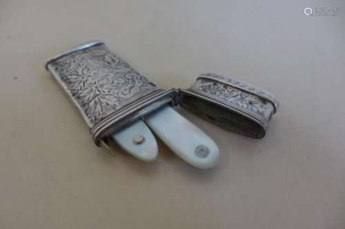 A Victorian silver blood letting lancet case or etui, hallmarked for London 1856, contains two