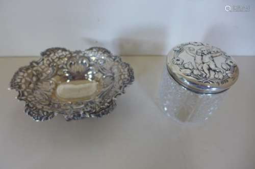 A silver sweetmeat dish, approx 2.2 troy oz, and a silver top glass jar, silver approx 0.5 troy oz