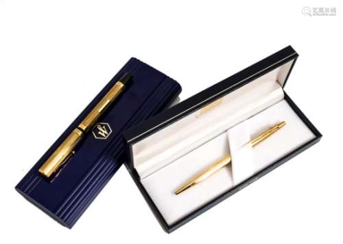 A 14ct gold Waterman Ideal fountain pen, 24.2g, in Waterman box, together with a gold plated Caran