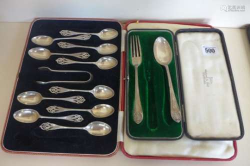 A set of ten silver teaspoons with a pair of sugar tongs, not matching - and a cased presentation
