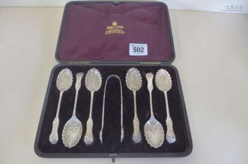A very good cased set of six Mappin and Webb teaspoons and sugar nips, with embossed shell style